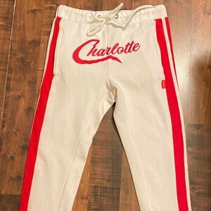 Charlotte Embroidered Logo Baseball Track Style Pants White Red Zip Pockets Smal